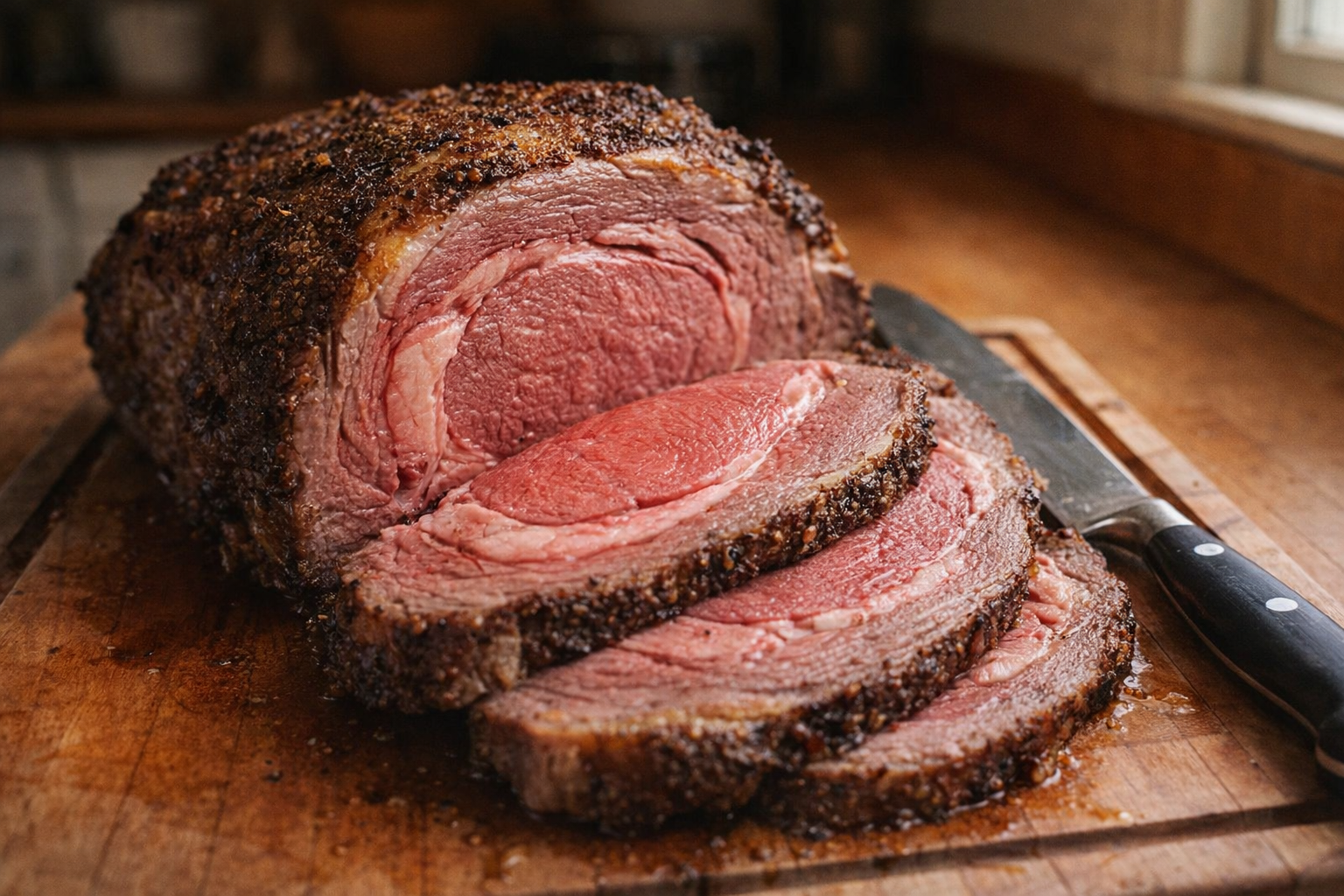 A perfectly cooked prime rib roast, sliced to reveal a rosy-red interior, resting on a wooden cutting board with a carving knife, warm golden lighting